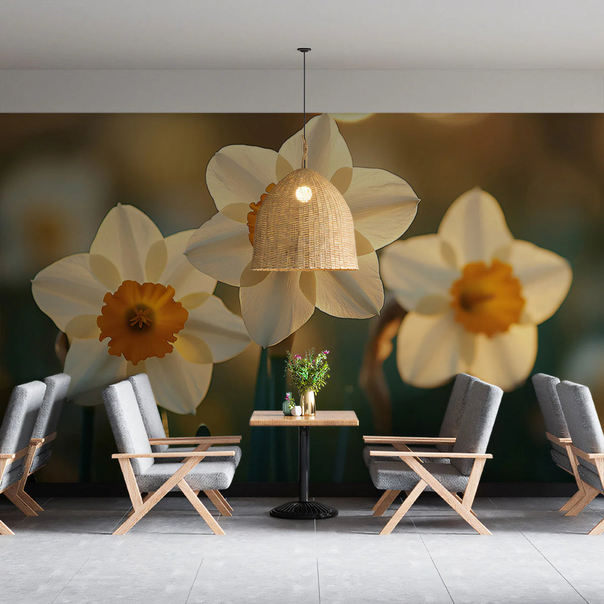Sun-Drenched Daffodil Floral Mural Wallpaper — Warm Botanical Mural Wallpaper - pure wallpaper artwork