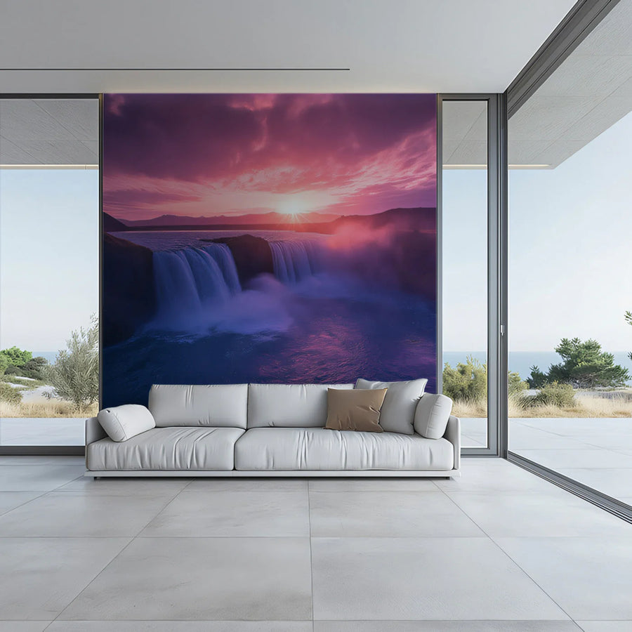 Sunset Waterfall Landscape Mural Wallpaper — Ethereal Twilight View Mural Wallpaper