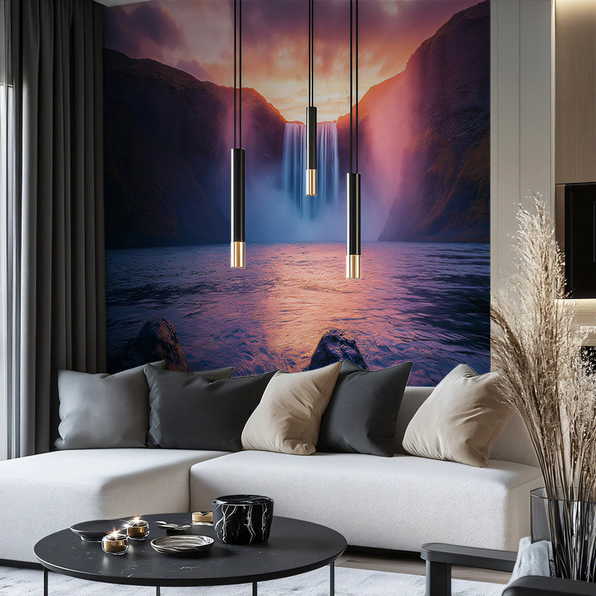 Twilight Waterfall Landscape Mural Wallpaper — Painterly Grandeur Mural Wallpaper - pure wallpaper artwork