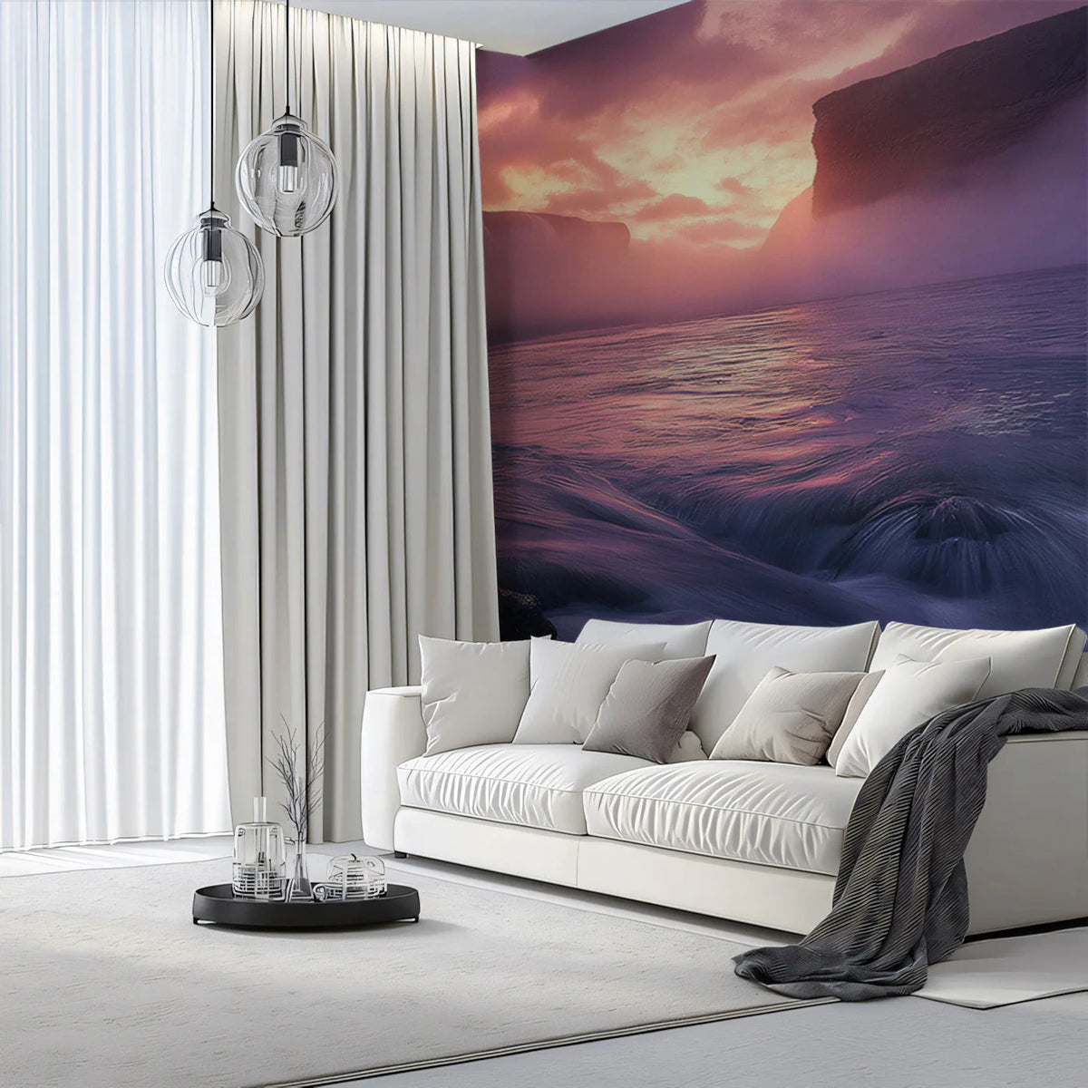 Purple Sunset Waterfall Mural Wallpaper —Dramatic Nature Scene Mural Wallpaper - pure wallpaper artwork