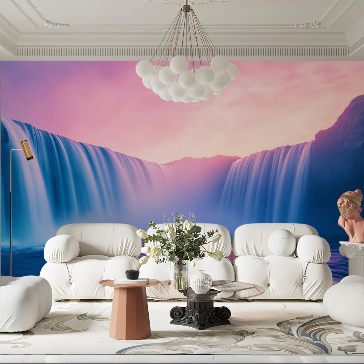 Ethereal Waterfall Mural Wallpaper — Soft Pink and Blue Horizon Mural Wallpaper - pure wallpaper artwork