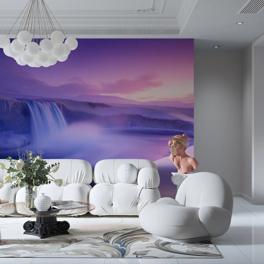 Frozen Waterfall Mountain Mural Wallpaper —Ethereal Violet Landscape Mural Wallpaper