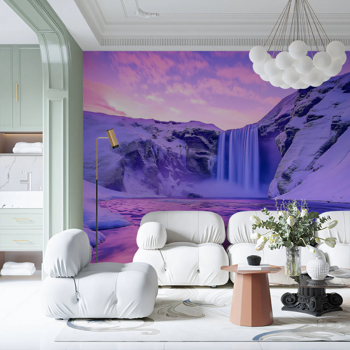 Frozen Waterfall Winter Landscape Mural Wallpaper —Nordic Violet Mural Wallpaper - pure wallpaper artwork