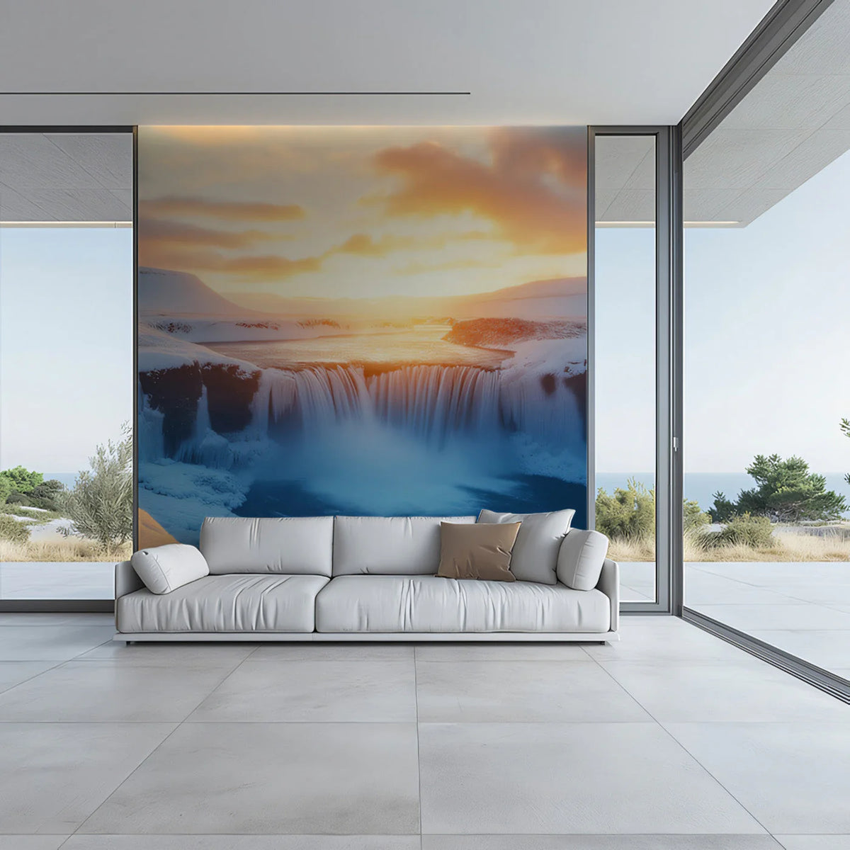 Frozen Golden Sunset Waterfall Mural Wallpaper —Winter Landscape Mural Wallpaper - pure wallpaper artwork