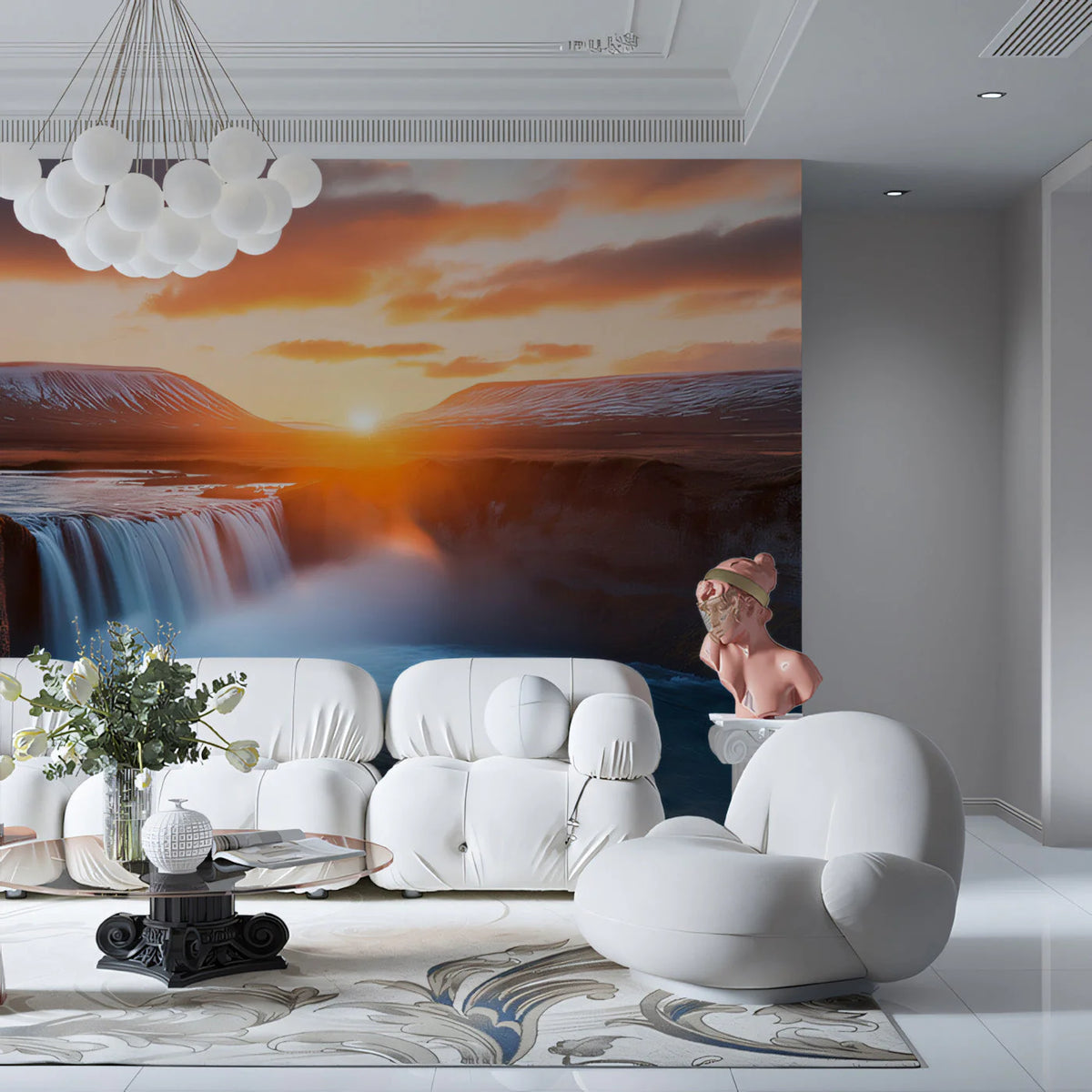 Golden Sunset Waterfall Mural Wallpaper —Natural Scenic Decor Mural Wallpaper - pure wallpaper artwork