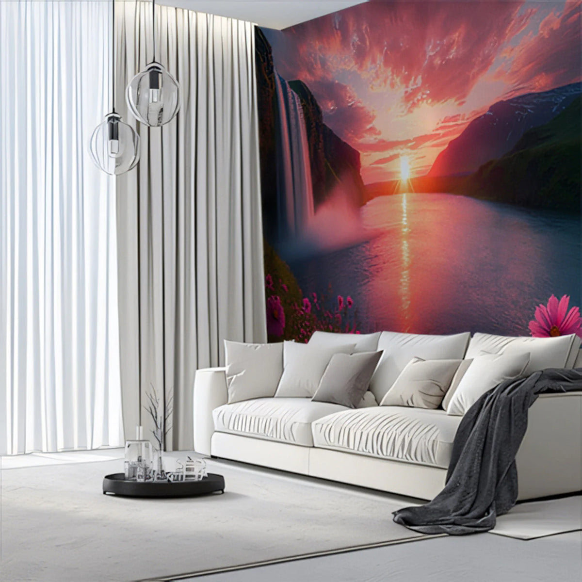 Sunset Waterfall Floral Mural Wallpaper — Vivid Nature Landscape Mural Wallpaper - pure wallpaper artwork