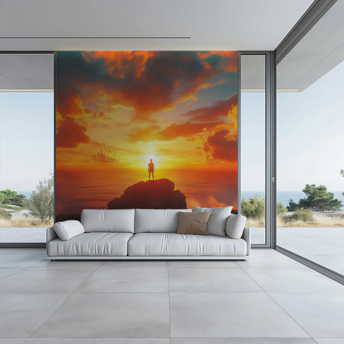 Solitary Coast Sunset Mural Wallpaper — Cinematic Horizon Decor Mural Wallpaper - pure wallpaper artwork