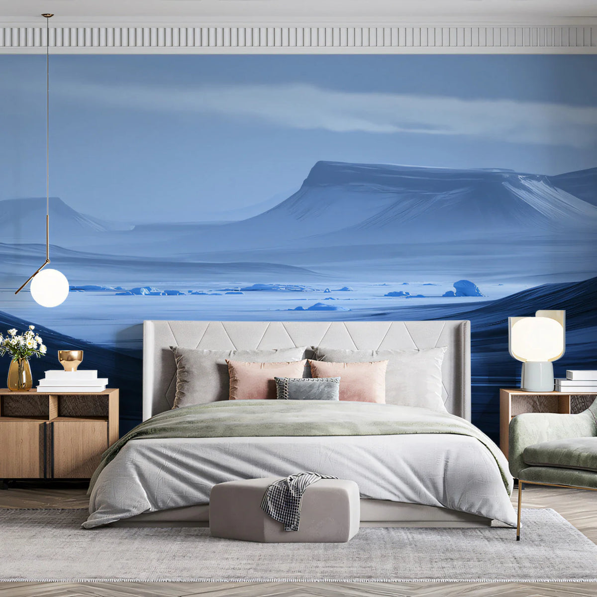 Arctic Horizon Mountain Mural Wallpaper — Minimalist Blue Landscape Mural Wallpaper - pure wallpaper artwork