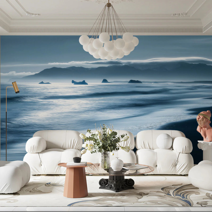 Misty Coastal Horizon Mural Wallpaper — Monochromatic Blue Scene Mural Wallpaper