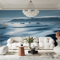Misty Coastal Horizon Mural Wallpaper — Monochromatic Blue Scene Mural Wallpaper - pure wallpaper artwork