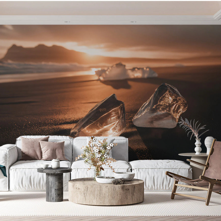 Glacial Sunset Beach Mural Wallpaper — Warm Coastal Landscape Mural Wallpaper