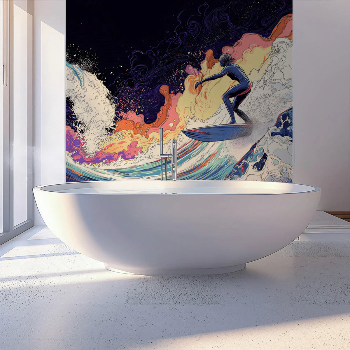 Cosmic Surfer Mural Wallpaper — Surreal Wave Art Mural Wallpaper - pure wallpaper artwork