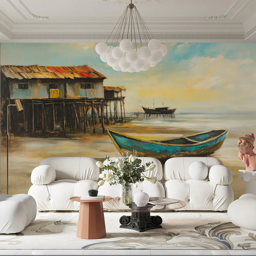 Coastal Stilt House Oil Painting Mural Wallpaper — Scenic Shore Mural Wallpaper