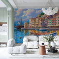 Mediterranean Harbor Town Mural Wallpaper — Impressionistic Scene Mural Wallpaper - pure wallpaper artwork