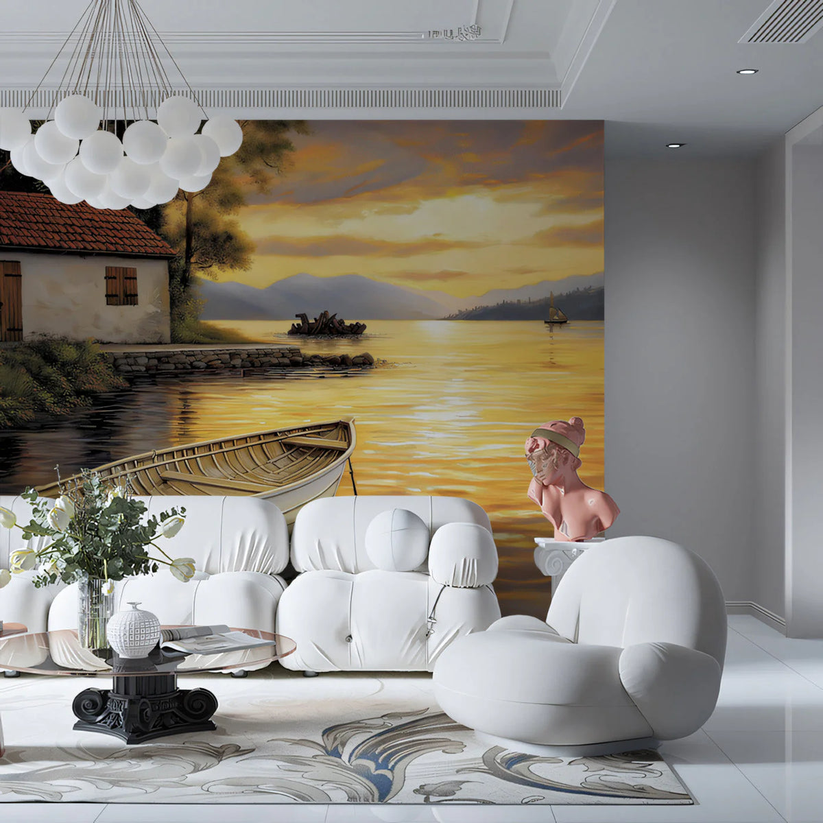 Golden Lakeside Sunset Mural Wallpaper — Impressionistic Scenery Mural Wallpaper - pure wallpaper artwork