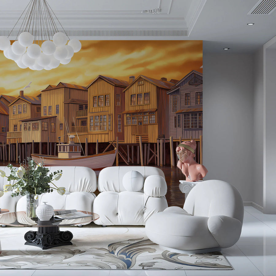 Golden Harbor Sunset Mural Wallpaper — Rustic Coastal Landscape Mural Wallpaper