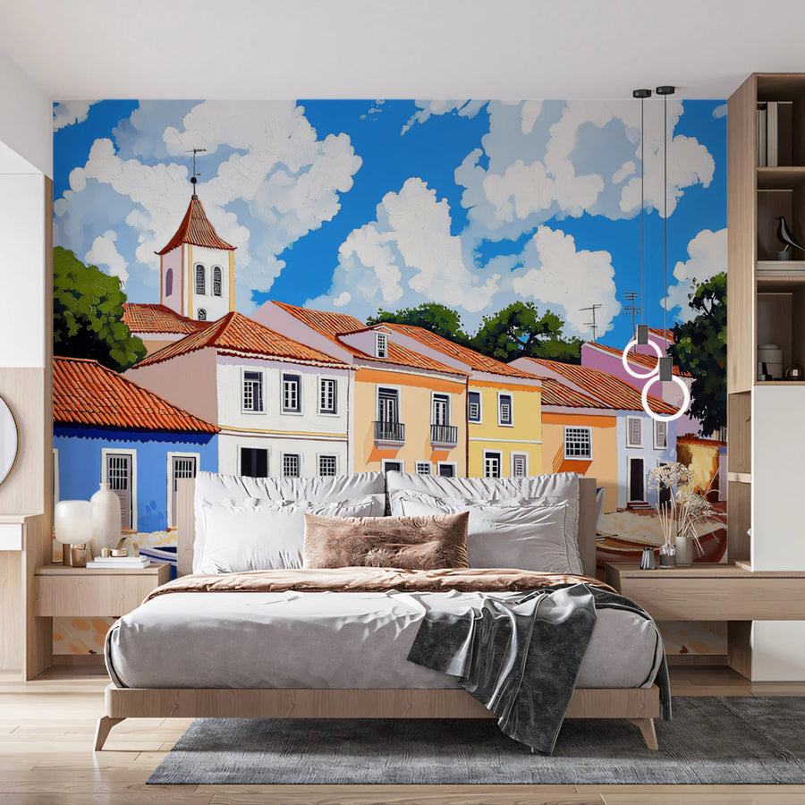 Mediterranean Coastal Village Mural Wallpaper — Oil Painting Style Mural Wallpaper