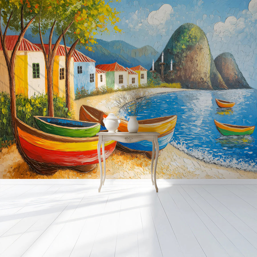 Mediterranean Harbor Oil Painting Mural Wallpaper