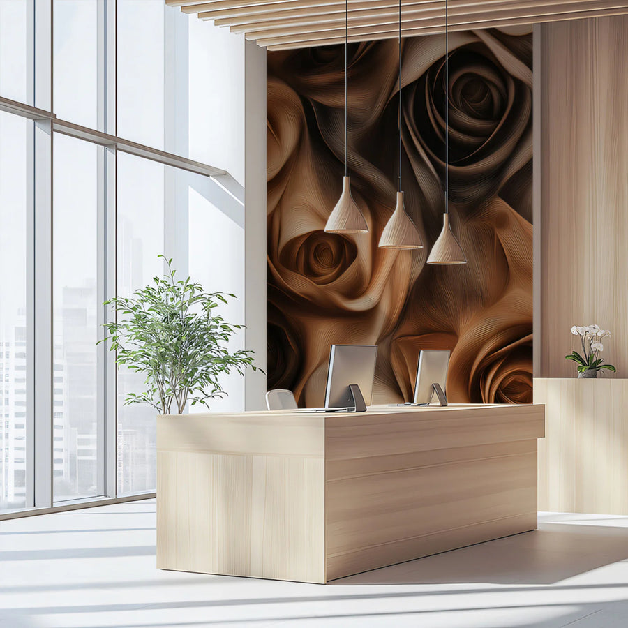Vintage Rose Mural Wallpaper in Warm Mocha and Toffee Tones Mural Wallpaper