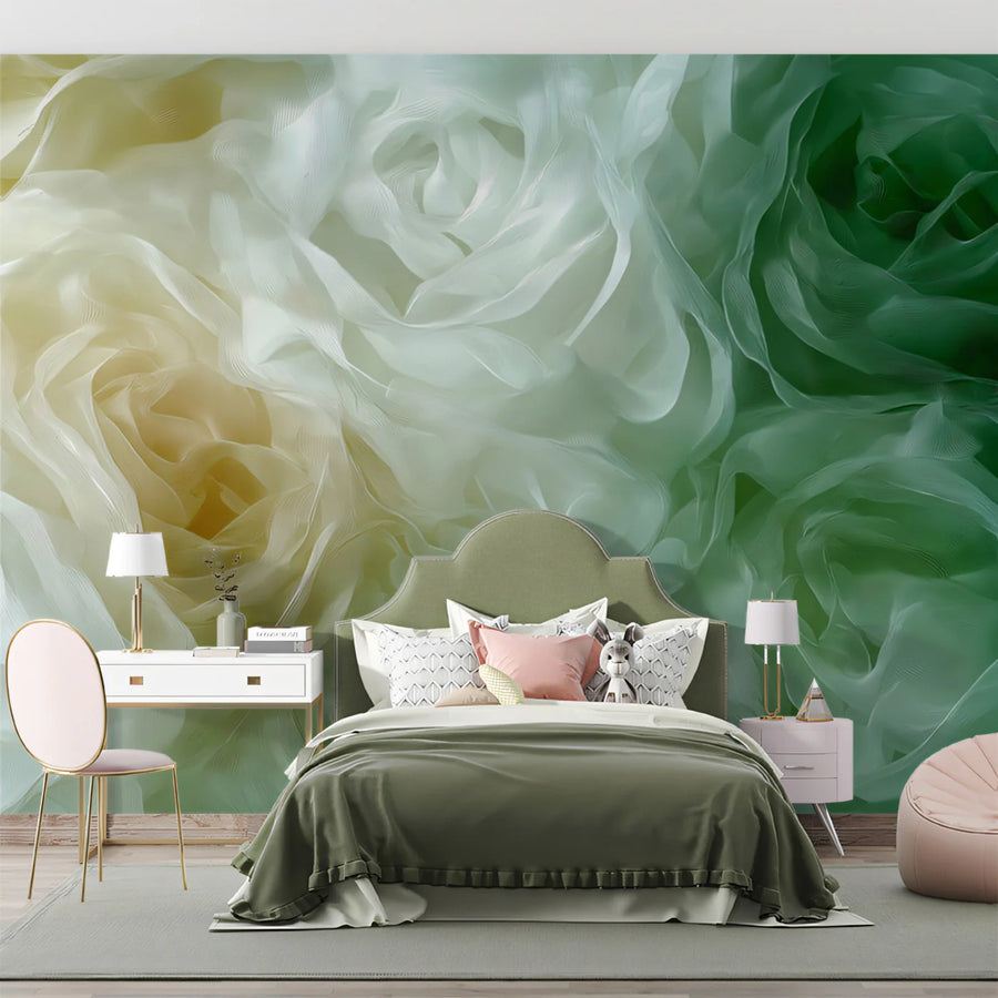 Ethereal Rose Garden Mural Wallpaper — Soft Green and White Mural Wallpaper