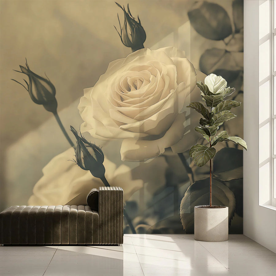 Vintage Cream Rose Mural Wallpaper — Nostalgic Floral Wall Decor Mural Wallpaper