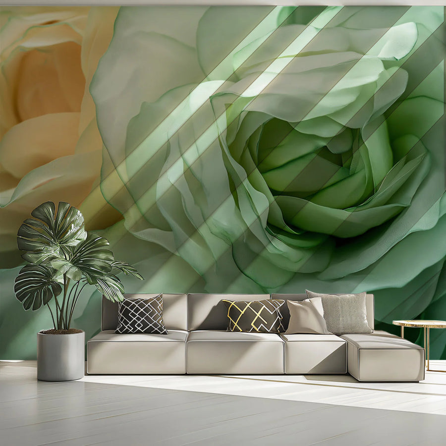 Ethereal Layered Floral Mural Wallpaper in Sage and Soft Ochre Mural Wallpaper