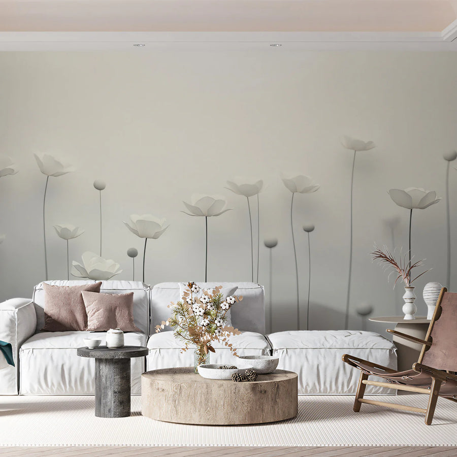 Minimalist Sculptural Tulip Mural Wallpaper — Soft White Floral Mural Wallpaper