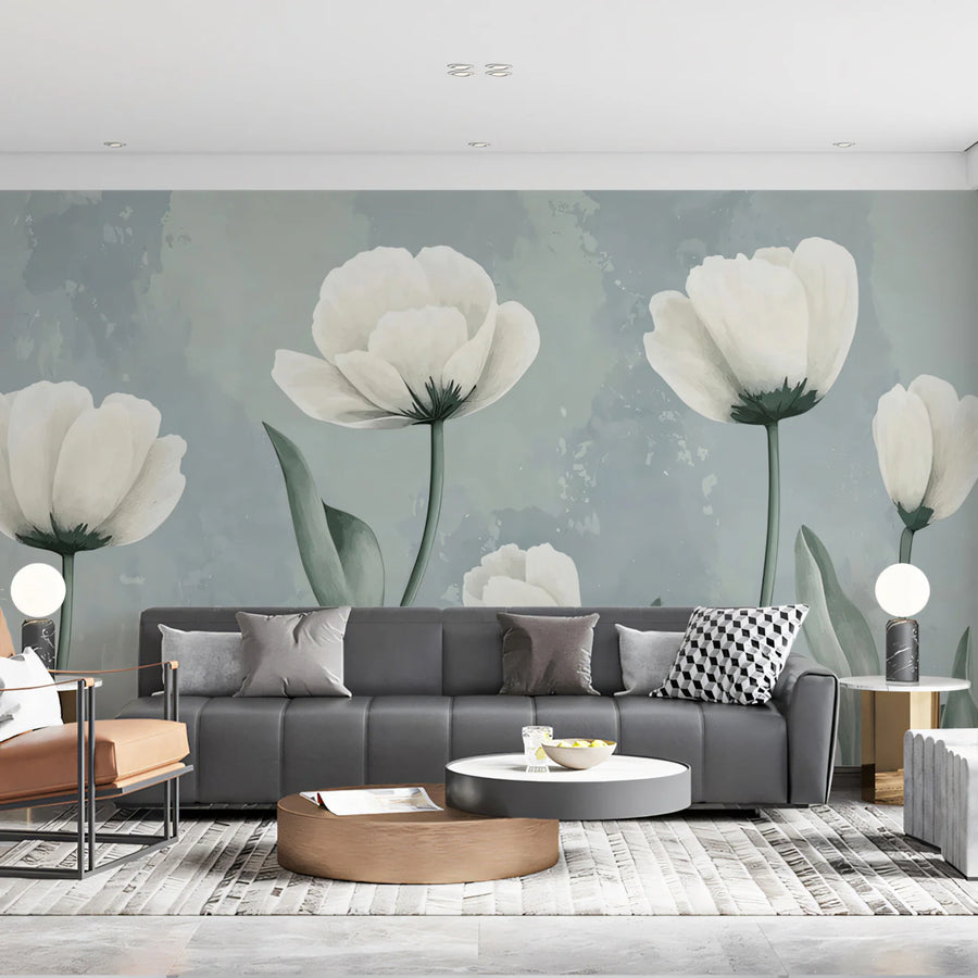 White Tulip Garden Mural Wallpaper with Soft Blue Wash Mural Wallpaper