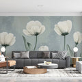 White Tulip Garden Mural Wallpaper with Soft Blue Wash Mural Wallpaper - pure wallpaper artwork