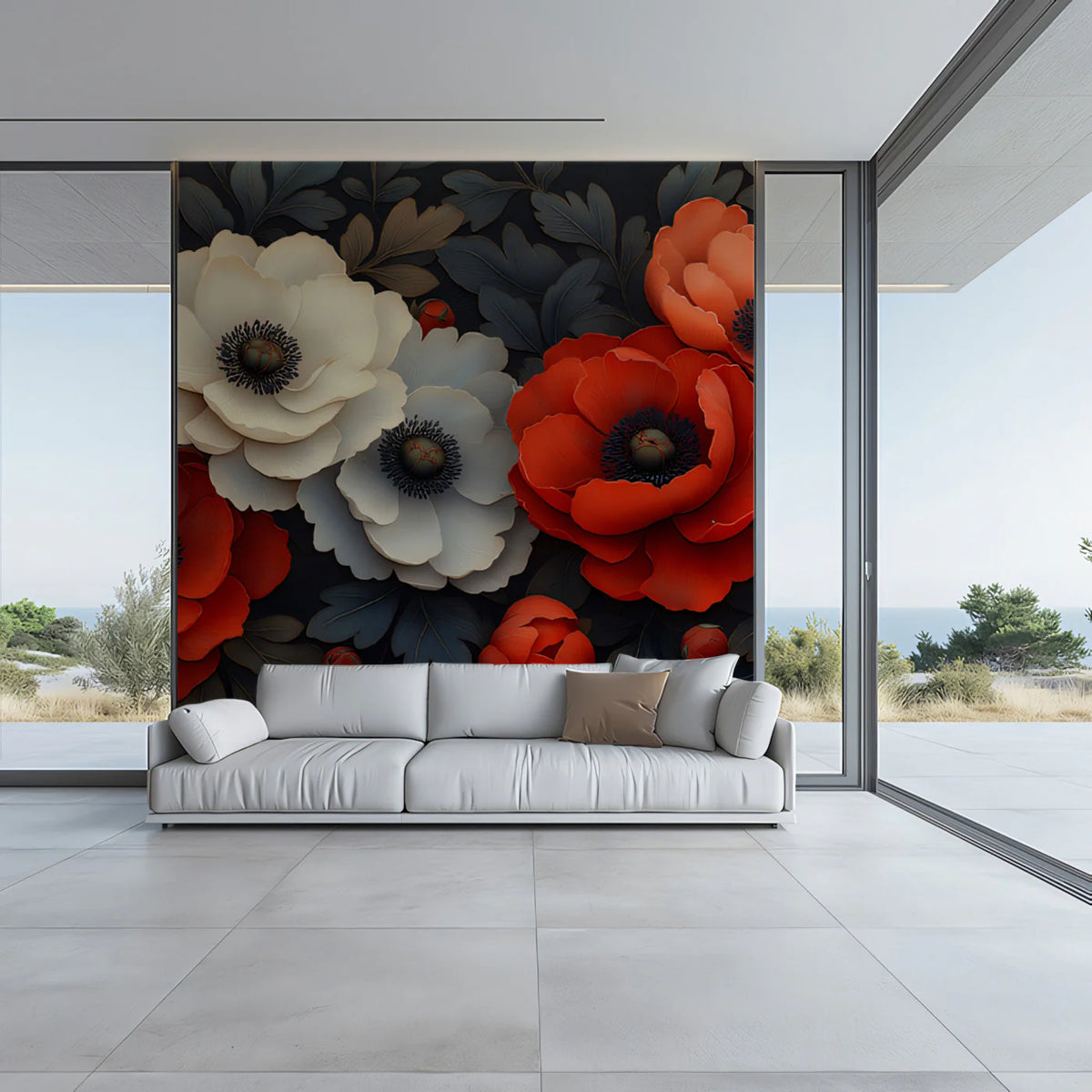 Scarlet and Cream Anemone Mural Wallpaper — Floral Art Print Mural Wallpaper - pure wallpaper artwork