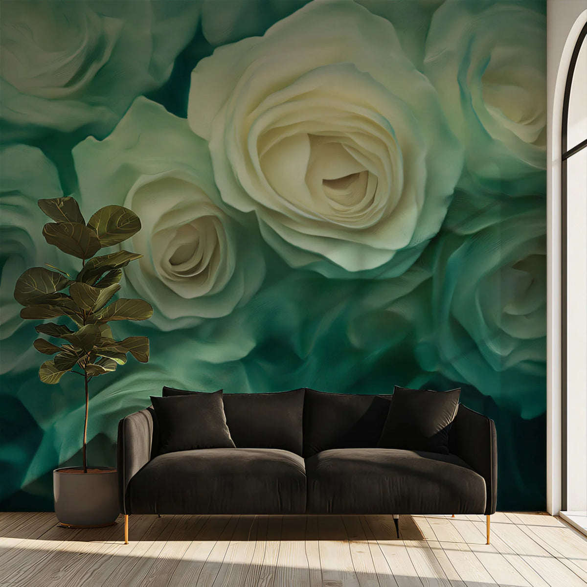 Teal and Cream Rose Mural Wallpaper — Painterly Floral Design Mural Wallpaper - pure wallpaper artwork
