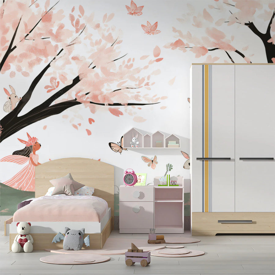 Blush Cherry Blossom Woodland Mural Wallpaper — Whimsical Fairy Scene Mural Wallpaper