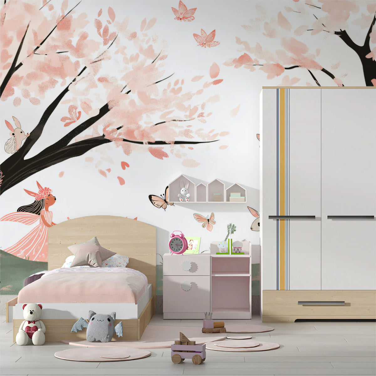 Blush Cherry Blossom Woodland Mural Wallpaper — Whimsical Fairy Scene Mural Wallpaper - pure wallpaper artwork