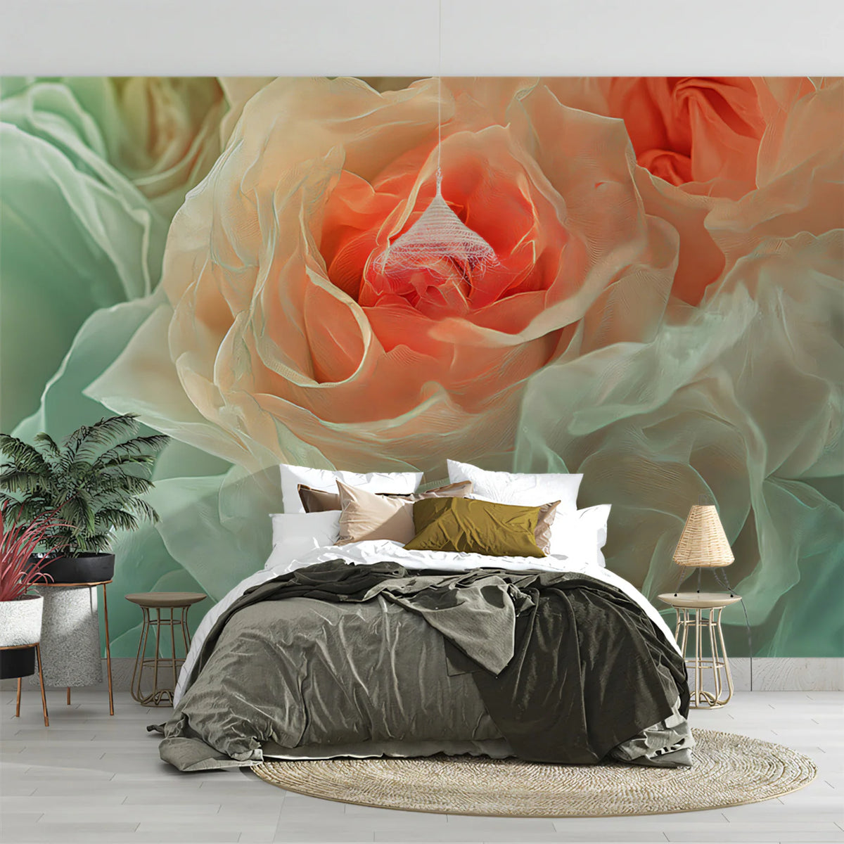 Macro Peach and Mint Rose Garden Mural Wallpaper - pure wallpaper artwork