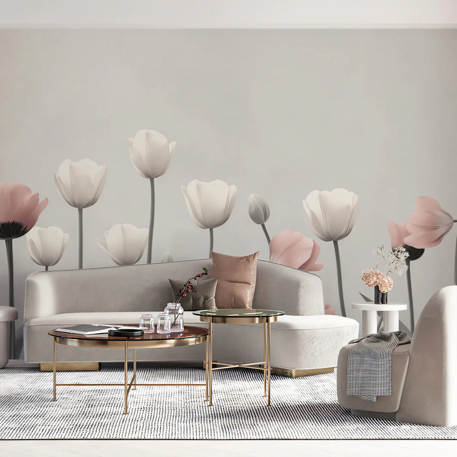 Minimalist Tulip Garden Mural Wallpaper — Soft Pastel Floral Mural Wallpaper