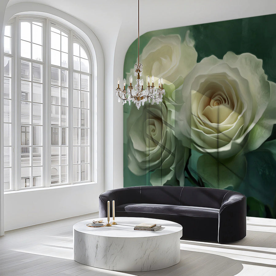 White Rose Oil Painting Mural Wallpaper in Moody Sage Green Mural Wallpaper