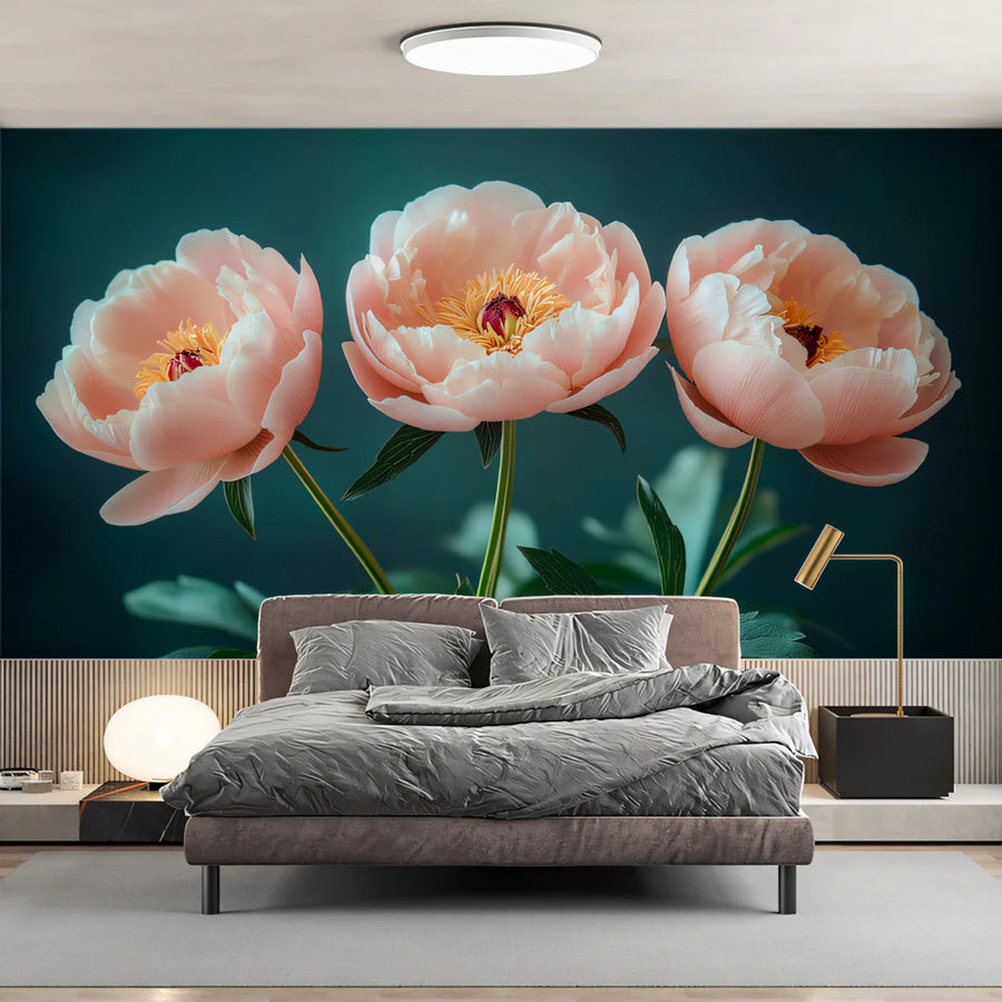 Blush Peony Floral Mural Wallpaper with Deep Teal Background Mural Wallpaper