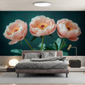 Blush Peony Floral Mural Wallpaper with Deep Teal Background Mural Wallpaper - pure wallpaper artwork