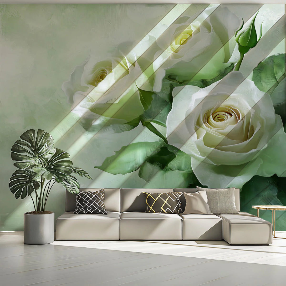 White Rose Botanical Mural Wallpaper — Impressionistic Floral Art Mural Wallpaper - pure wallpaper artwork