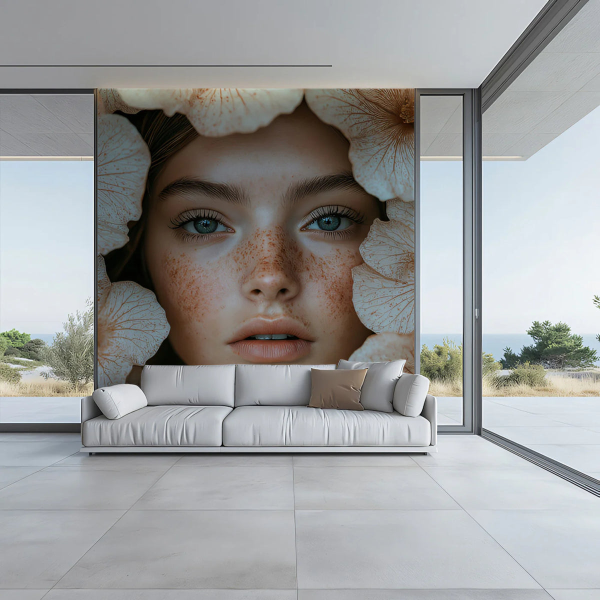 Portrait of Nature Floral Mural Wallpaper — Soft Beige Petunia Art Mural Wallpaper - pure wallpaper artwork