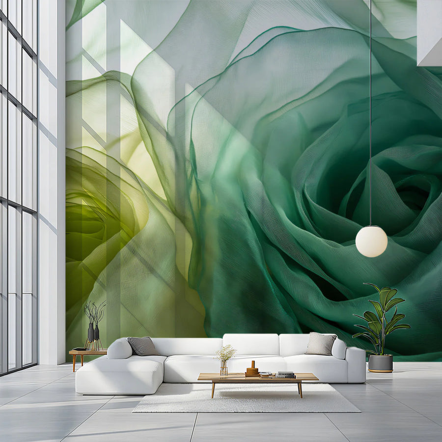 Ethereal Green Floral Mural Wallpaper — Soft Fabric Texture Design Mural Wallpaper