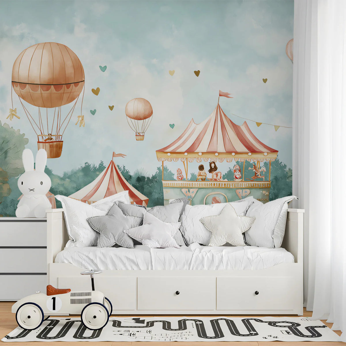 Hot Air Balloon Carnival Mural Wallpaper — Whimsical Kids Scene Mural Wallpaper - pure wallpaper artwork