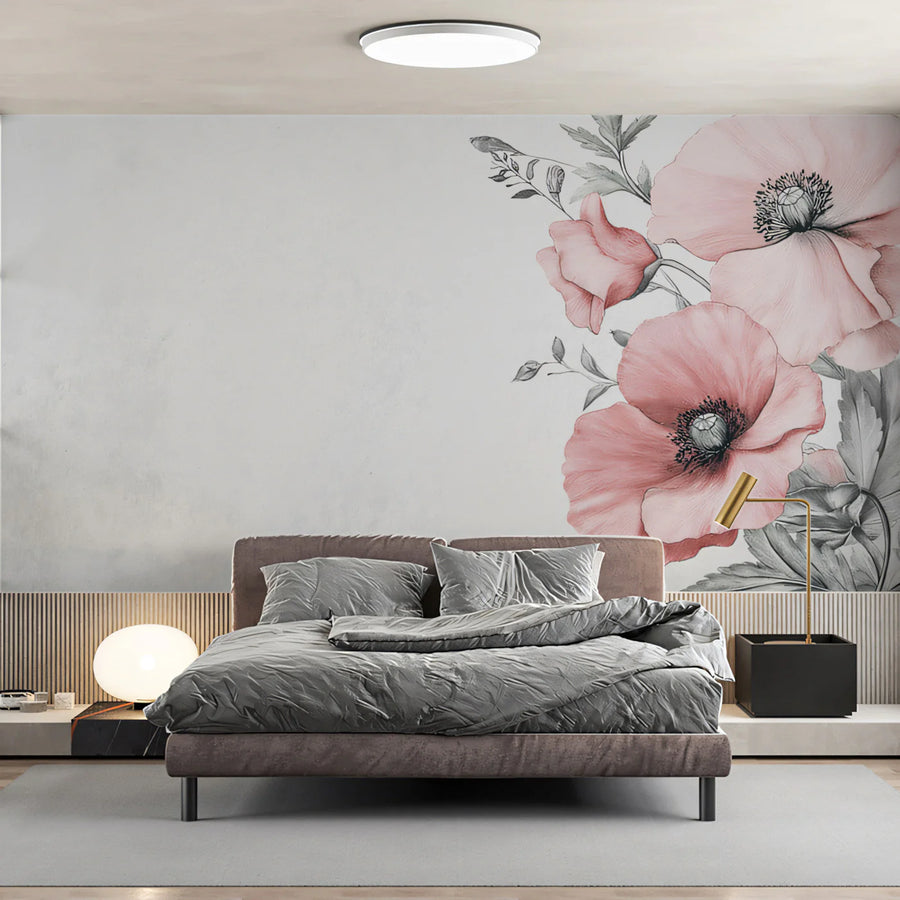 Minimalist Pink Peony Mural Wallpaper — Elegant Sketch Illustration Mural Wallpaper
