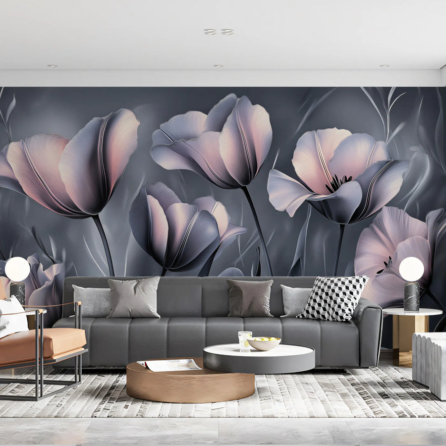 Twilight Tulip Mural Wallpaper — Moody Floral Wall Art Mural Wallpaper