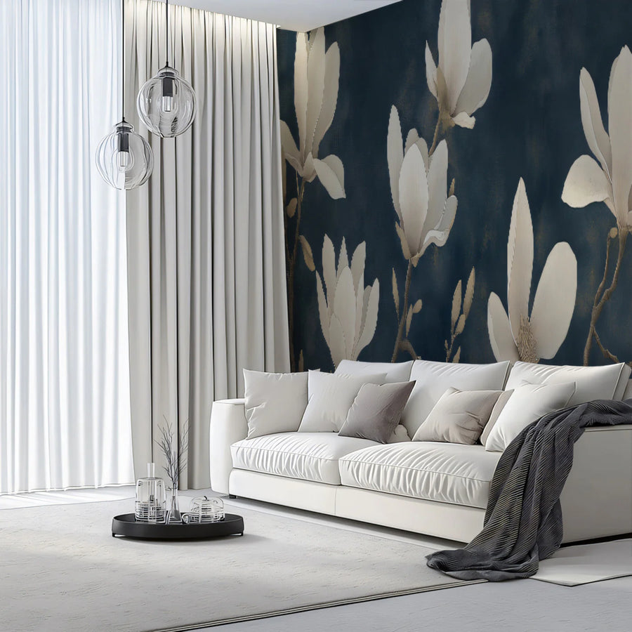 White Magnolia Mural Wallpaper — Moody Navy Botanical Wall Decor Mural Wallpaper