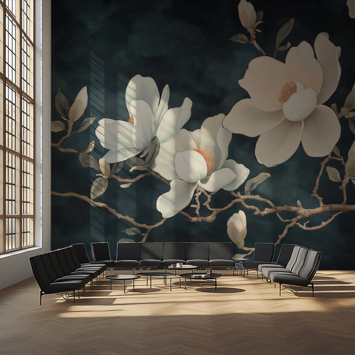 Large Scale Magnolia Mural Wallpaper in Midnight Blue Mural Wallpaper - pure wallpaper artwork