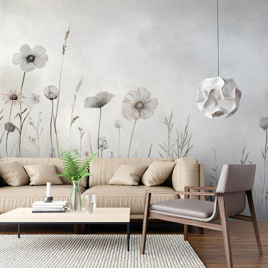 Wildflower Meadow Mural Wallpaper — Soft Neutral Vintage Illustration Mural Wallpaper