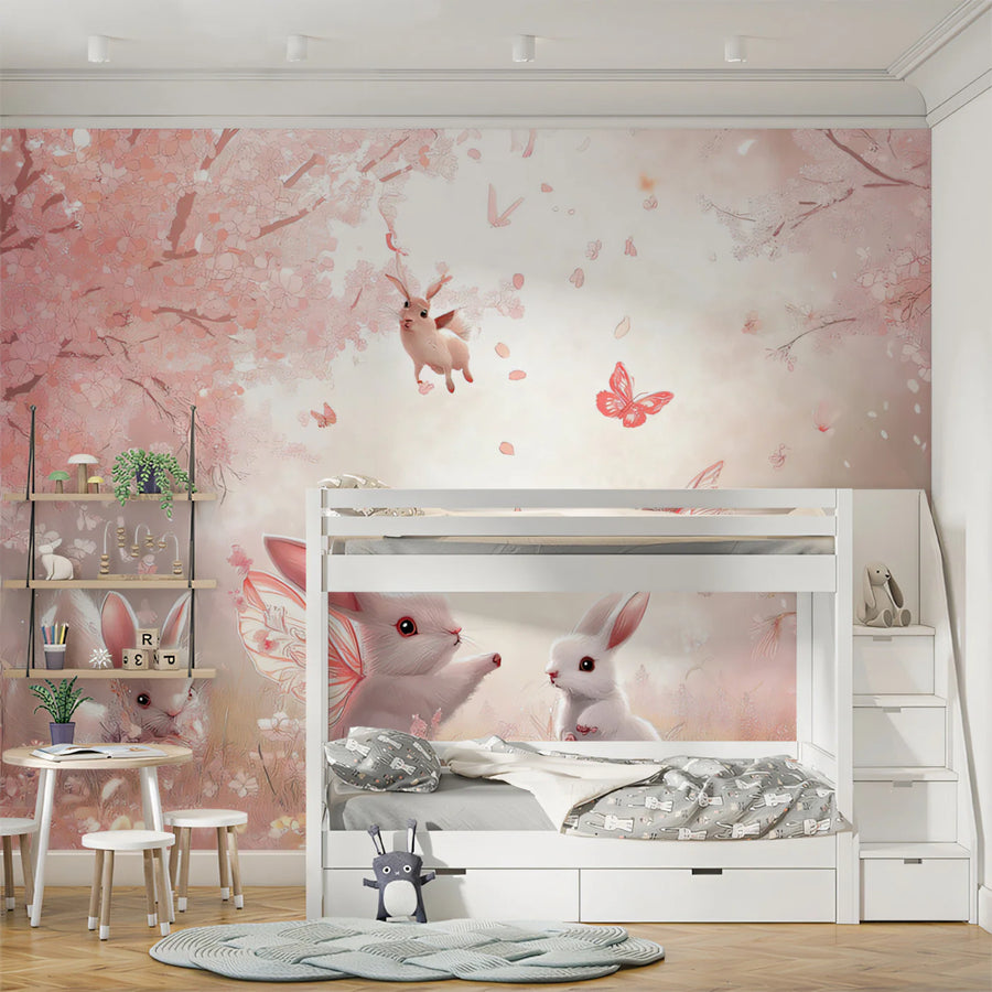 Winged Bunny Meadow Mural Wallpaper — Whimsical Floral Fantasy Mural Wallpaper