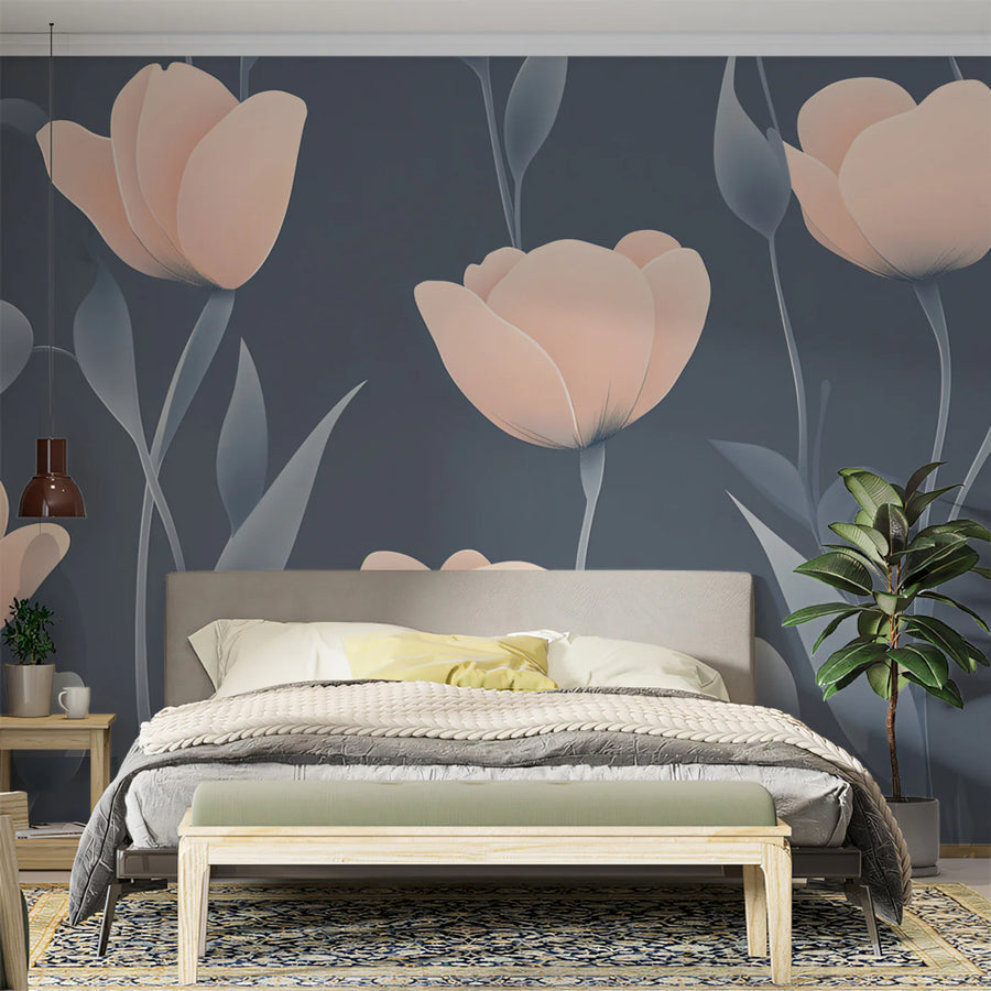Peach Tulip Floral Mural Wallpaper — Soft Modern Botanical Mural Wallpaper