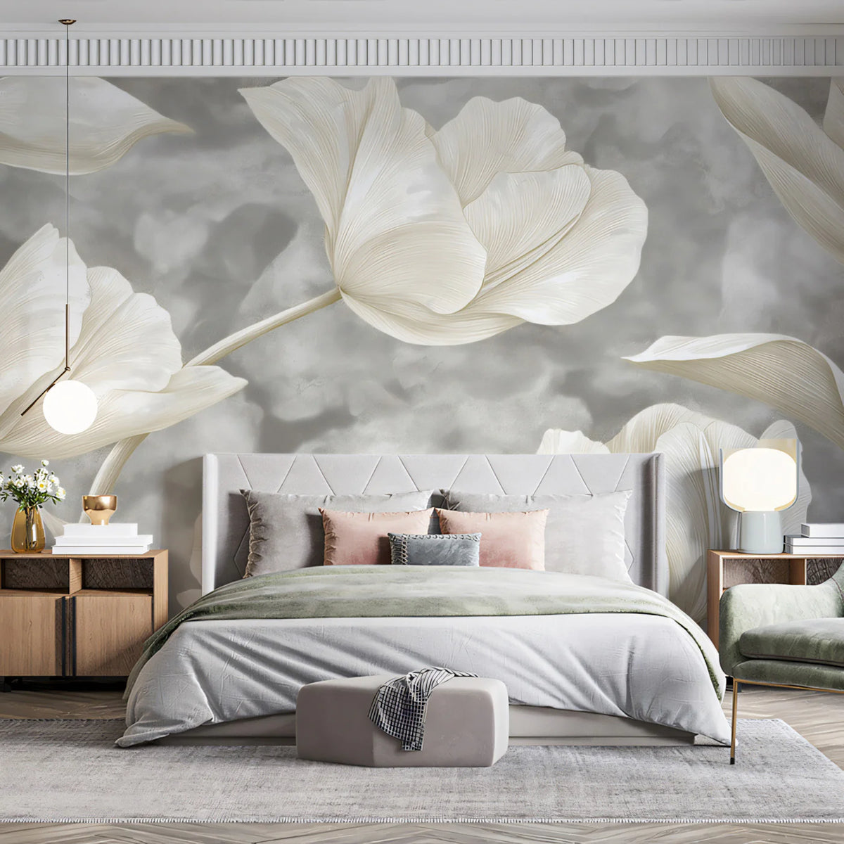 Cream Tulip Wallpaper Mural Elegant Neutral Floral Design on Gray Background Mural Wallpaper - pure wallpaper artwork